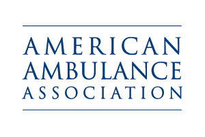 Logo of the American Ambulance Association with blue capital letters on a white background, featuring the organization's name in three lines and two horizontal lines above and below "American Ambulance.