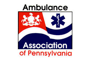 Logo for the Ambulance Association of Pennsylvania featuring the state coat of arms on red, a blue Star of Life symbol, and the organization’s name in black, white, and red text.