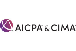 A purple and pink circular logo is followed by the text “AICPA & CIMA” in black capital letters on a white background.