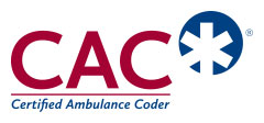 The image shows the CAC logo with bold red letters "CAC" and a blue medical star of life symbol to the right. Below, the text reads "Certified Ambulance Coder" in blue.