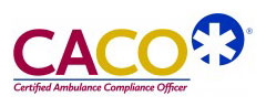 Logo with the acronym "CACO" in red and gold letters, a blue star of life symbol, and the text "Certified Ambulance Compliance Officer" in red below.
