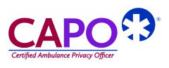 The CAPO logo features the acronym in large letters, "Certified Ambulance Privacy Officer" below it, and a blue medical star of life symbol with a white center to the right.