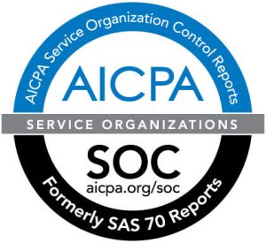 A circular badge with "AICPA Service Organization Control Reports" and "Formerly SAS 70 Reports" around the edge, and "AICPA Service Organizations SOC aicpa.org/soc" in the center.