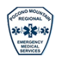 A blue and white badge-shaped logo for Pocono Mountain Regional Emergency Medical Services, featuring a star of life symbol with a snake and staff in the center.